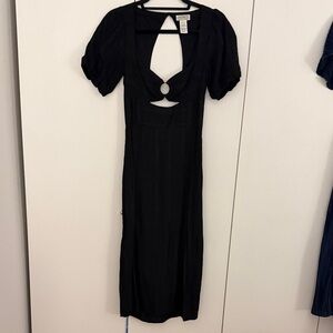 Black Midi Dress with Keyhole and Puff Sleeves
